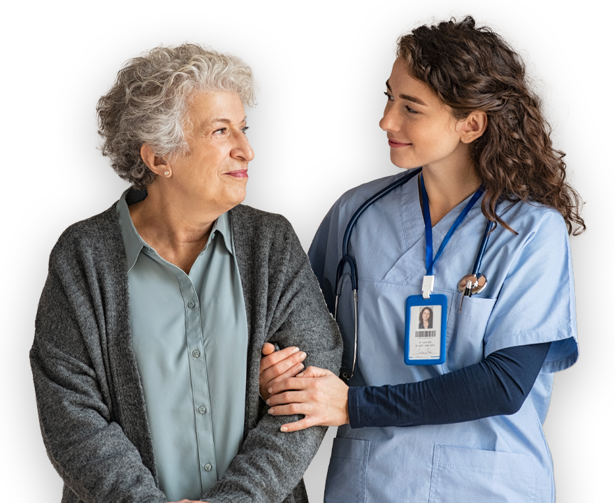 nurse holding arm of older lady